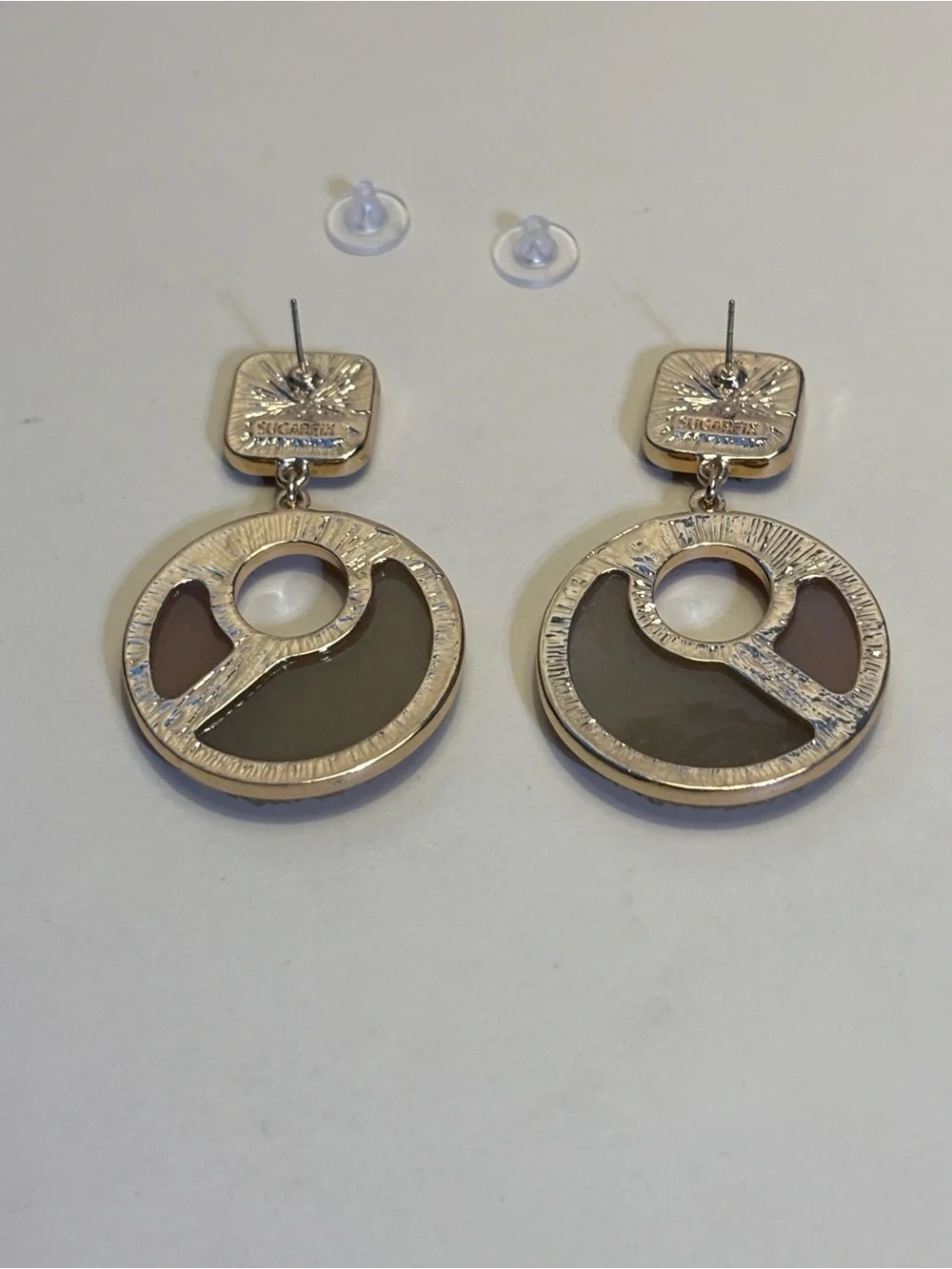 Sugarfix Gold-Tone Pale Pink and Cream Druzy Circle Drop Earrings 2-3/8”